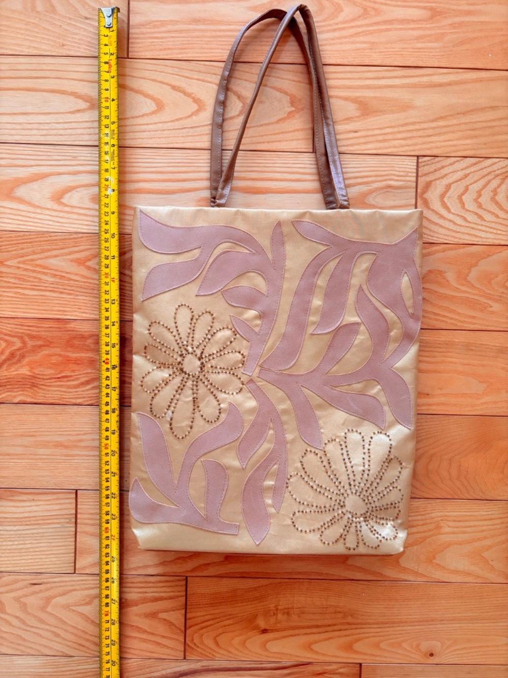 Vintage 90s Style Satin Applique Tote Bag Beaded Floral Shoulder Purse - Picture 7 of 9